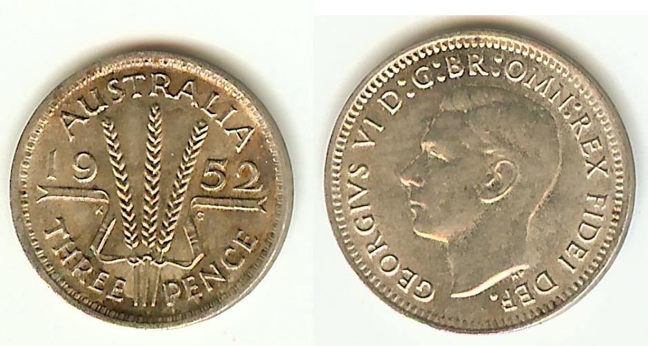 Australian 3 Pence 1952 AU/UNC+